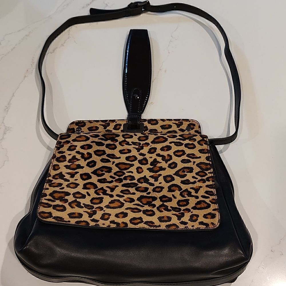 Worth New York Black Leather Calf Hair Shoulder Bag Patent Wristlet Handle